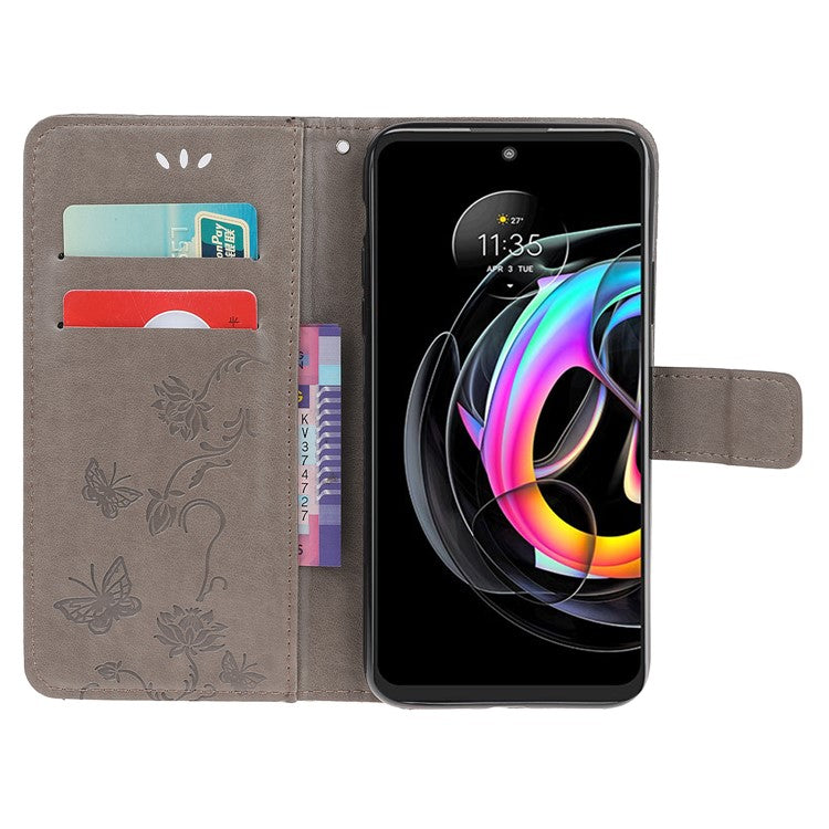 All-Round Protection Butterfly Flowers Imprinting Leather Phone Cover with Wallet Stand for Motorola Edge 20 Lite - Grey