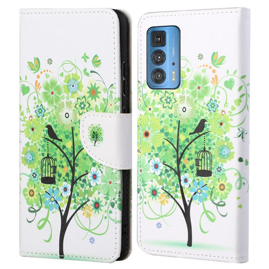 Cross Texture Pattern Printing Magnetic Clasp Closure Leather Wallet Stand Case Protector for Motorola Edge 20 Pro - Green Tree