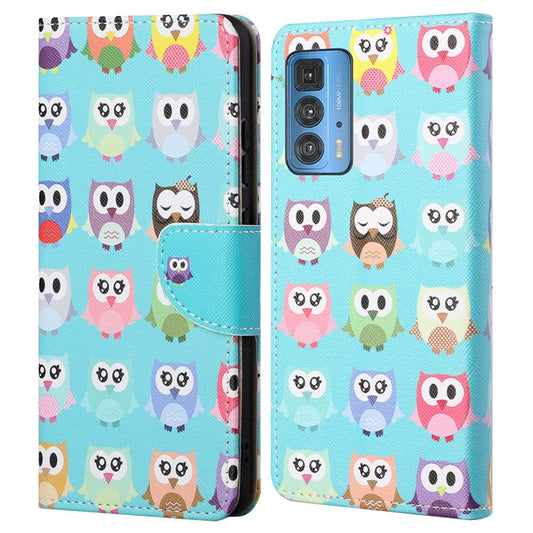 Cross Texture Pattern Printing Magnetic Clasp Closure Leather Wallet Stand Case Protector for Motorola Edge 20 Pro - Cute Owls