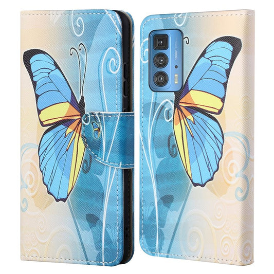 Cross Texture Pattern Printing Magnetic Clasp Closure Leather Wallet Stand Case Protector for Motorola Edge 20 Pro - Blue Butterfly