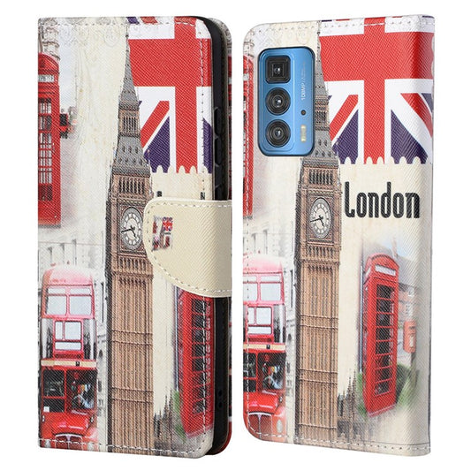 Cross Texture Pattern Printing Magnetic Clasp Closure Leather Wallet Stand Case Protector for Motorola Edge 20 Pro - London Tower