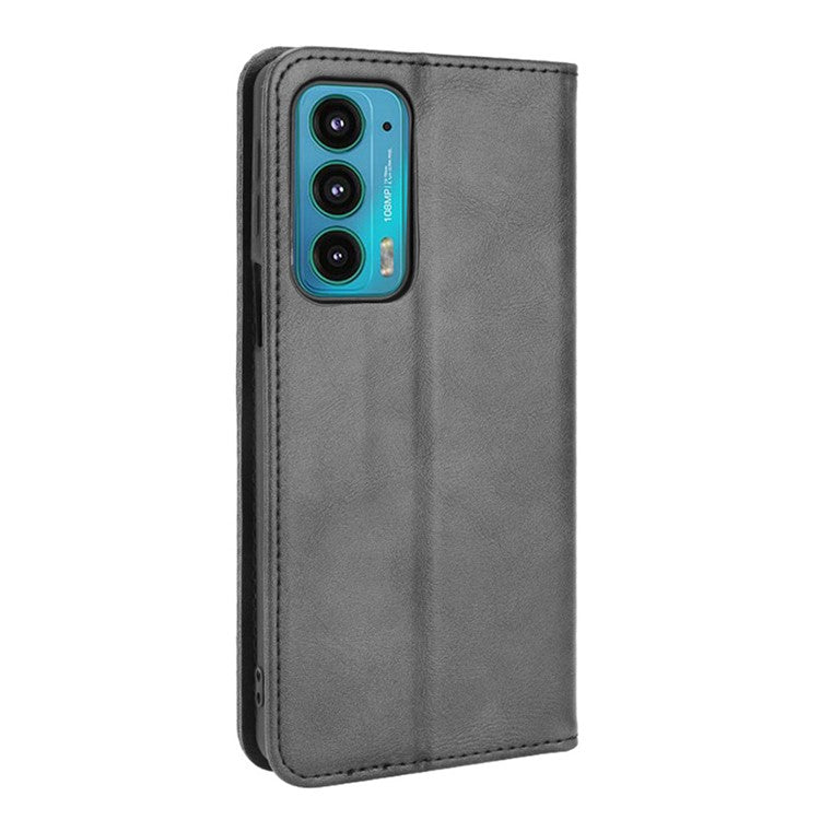 Retro Leather Auto-Absorbed Protective Cover Anti-Drop Phone Wallet Case with Stand for Motorola Edge 20/Edge Lite Luxury Edition - Black