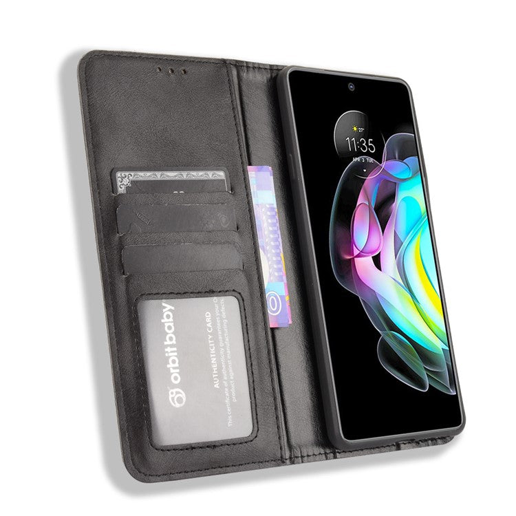 Retro Leather Auto-Absorbed Protective Cover Anti-Drop Phone Wallet Case with Stand for Motorola Edge 20/Edge Lite Luxury Edition - Black