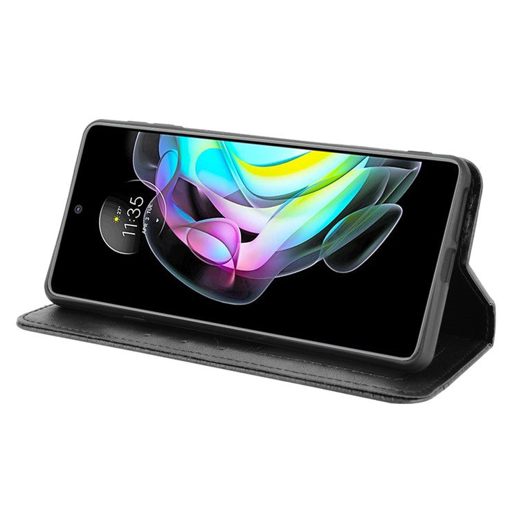 Retro Leather Auto-Absorbed Protective Cover Anti-Drop Phone Wallet Case with Stand for Motorola Edge 20/Edge Lite Luxury Edition - Black
