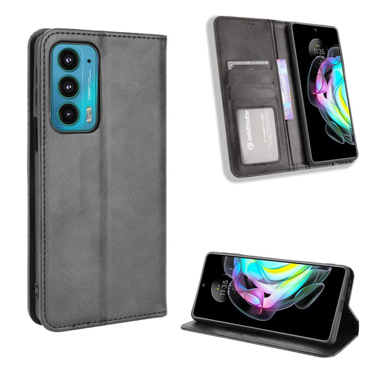 Retro Leather Auto-Absorbed Protective Cover Anti-Drop Phone Wallet Case with Stand for Motorola Edge 20/Edge Lite Luxury Edition - Black