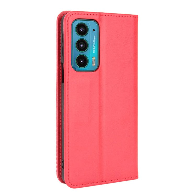 Retro Leather Auto-Absorbed Protective Cover Anti-Drop Phone Wallet Case with Stand for Motorola Edge 20/Edge Lite Luxury Edition - Red