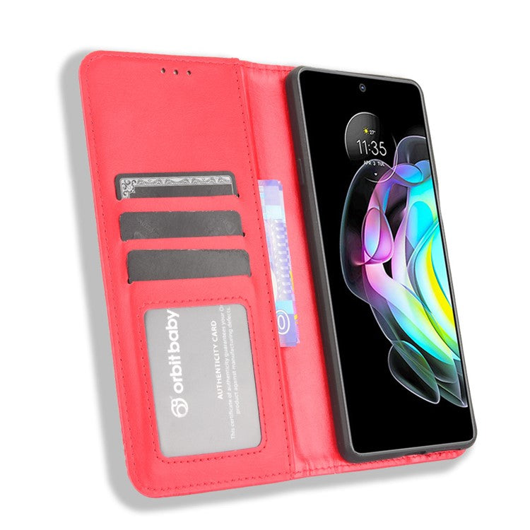 Retro Leather Auto-Absorbed Protective Cover Anti-Drop Phone Wallet Case with Stand for Motorola Edge 20/Edge Lite Luxury Edition - Red
