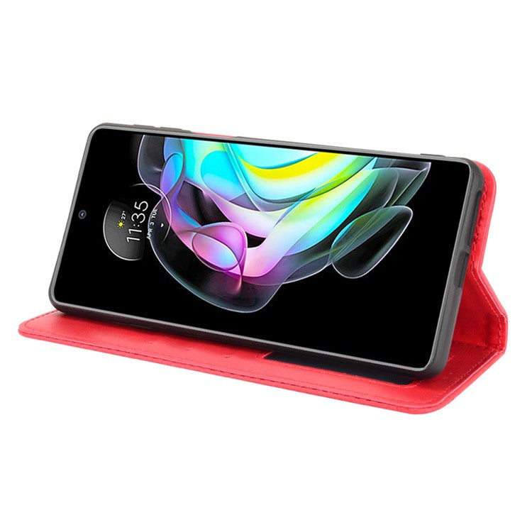 Retro Leather Auto-Absorbed Protective Cover Anti-Drop Phone Wallet Case with Stand for Motorola Edge 20/Edge Lite Luxury Edition - Red