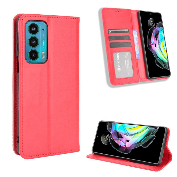 Retro Leather Auto-Absorbed Protective Cover Anti-Drop Phone Wallet Case with Stand for Motorola Edge 20/Edge Lite Luxury Edition - Red