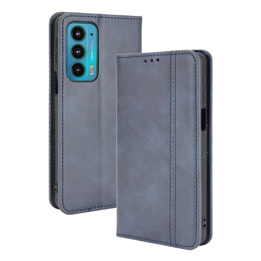 Retro Leather Auto-Absorbed Protective Cover Anti-Drop Phone Wallet Case with Stand for Motorola Edge 20/Edge Lite Luxury Edition - Blue