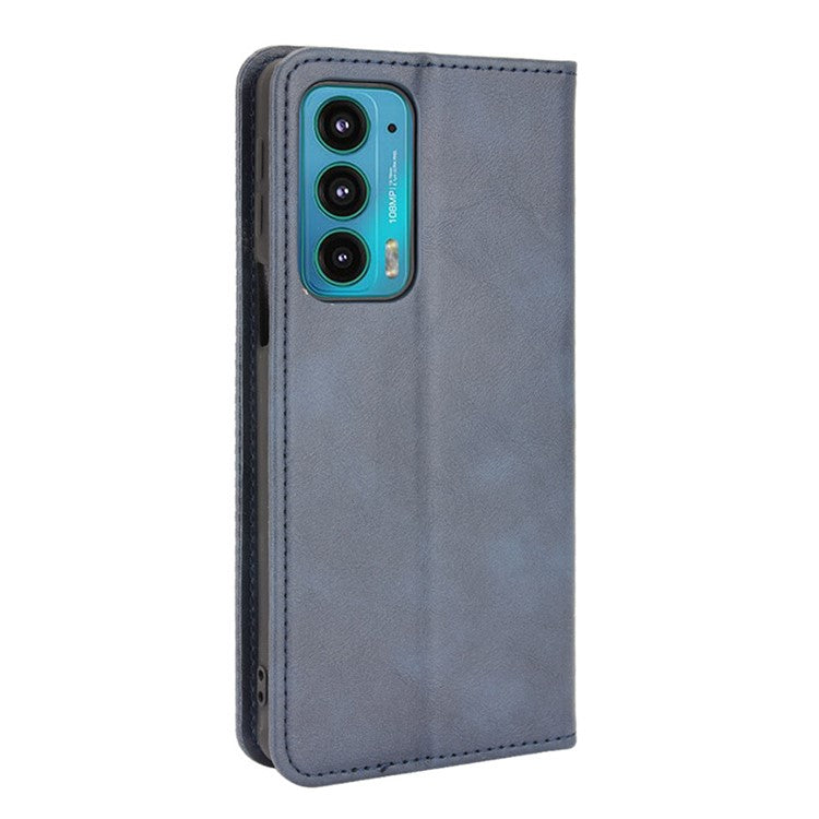 Retro Leather Auto-Absorbed Protective Cover Anti-Drop Phone Wallet Case with Stand for Motorola Edge 20/Edge Lite Luxury Edition - Blue