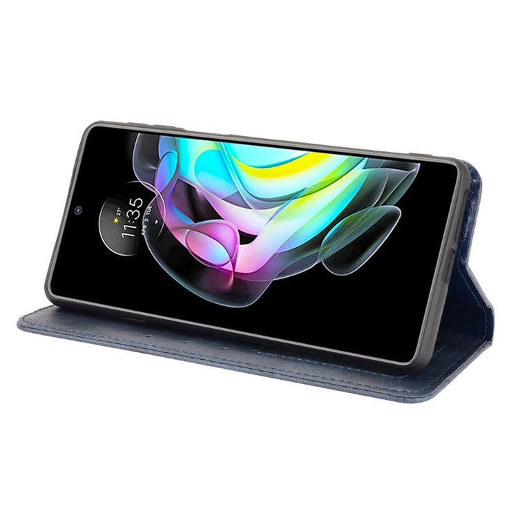 Retro Leather Auto-Absorbed Protective Cover Anti-Drop Phone Wallet Case with Stand for Motorola Edge 20/Edge Lite Luxury Edition - Blue