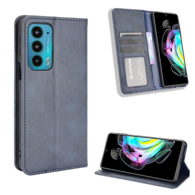 Retro Leather Auto-Absorbed Protective Cover Anti-Drop Phone Wallet Case with Stand for Motorola Edge 20/Edge Lite Luxury Edition - Blue