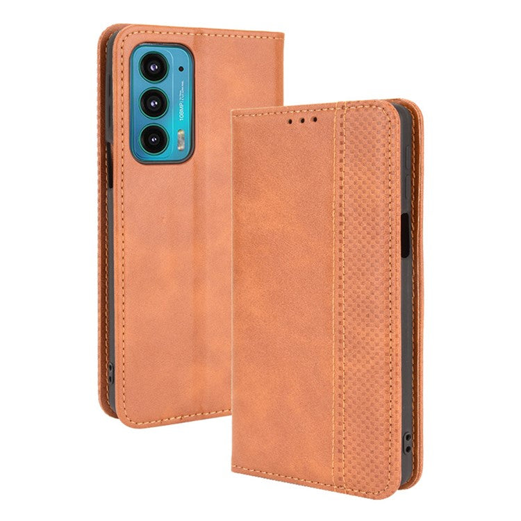 Retro Leather Auto-Absorbed Protective Cover Anti-Drop Phone Wallet Case with Stand for Motorola Edge 20/Edge Lite Luxury Edition - Brown