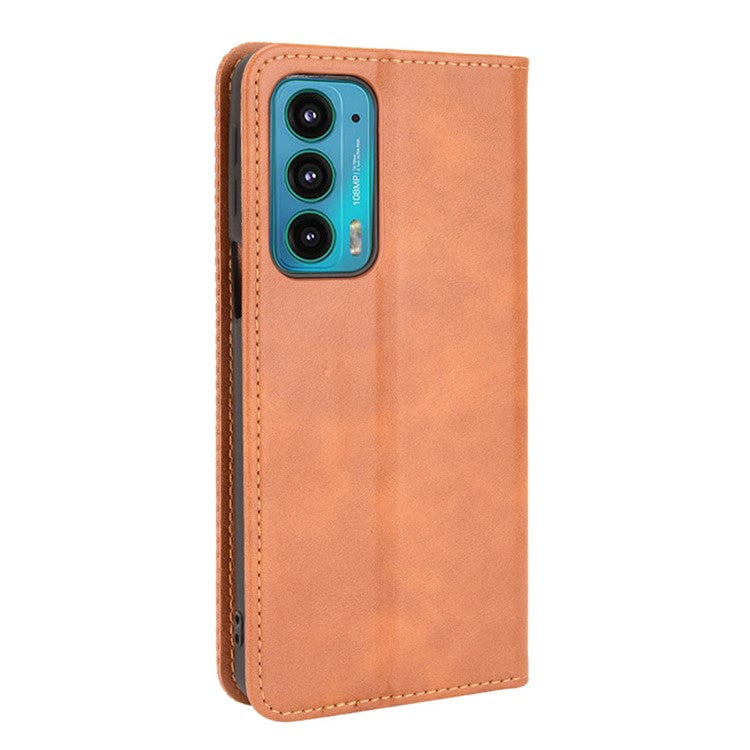 Retro Leather Auto-Absorbed Protective Cover Anti-Drop Phone Wallet Case with Stand for Motorola Edge 20/Edge Lite Luxury Edition - Brown
