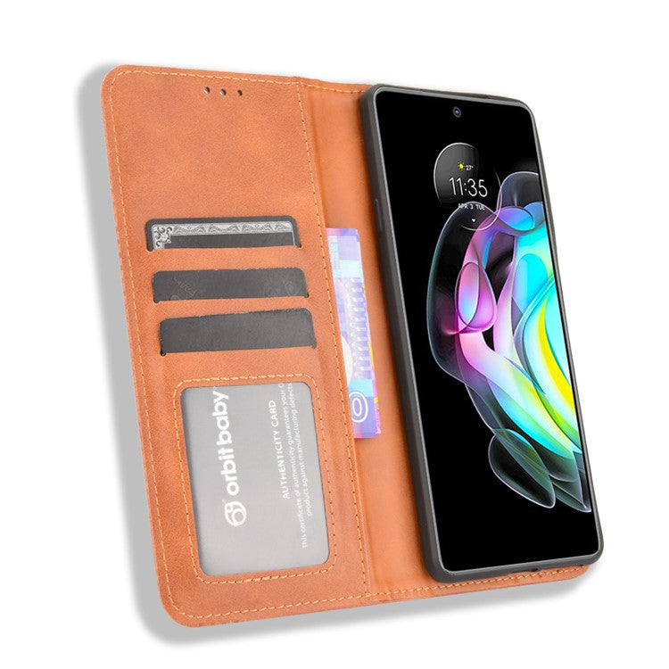 Retro Leather Auto-Absorbed Protective Cover Anti-Drop Phone Wallet Case with Stand for Motorola Edge 20/Edge Lite Luxury Edition - Brown