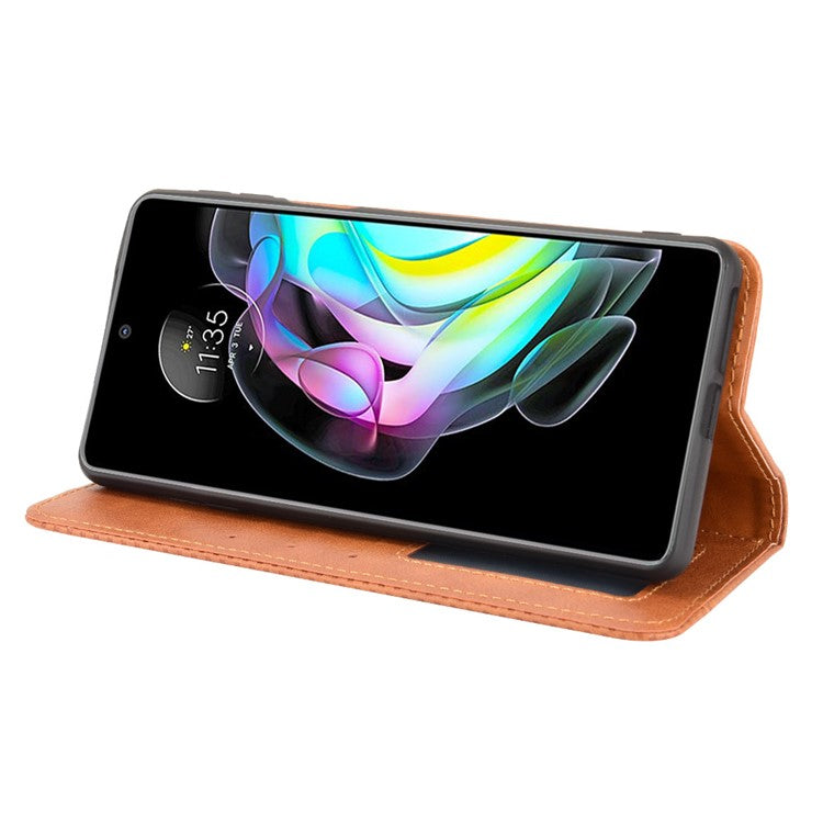 Retro Leather Auto-Absorbed Protective Cover Anti-Drop Phone Wallet Case with Stand for Motorola Edge 20/Edge Lite Luxury Edition - Brown