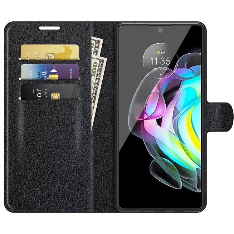 Wallet Design Folio Flip Litchi Texture Protective Soft PU Leather Phone Case with Stand for Motorola Edge 20 - Black