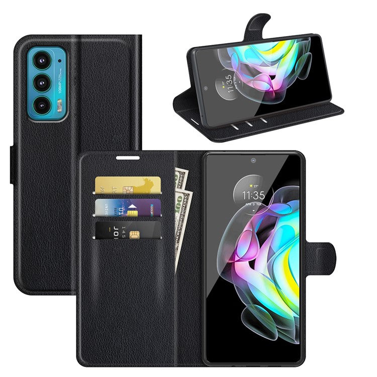 Wallet Design Folio Flip Litchi Texture Protective Soft PU Leather Phone Case with Stand for Motorola Edge 20 - Black