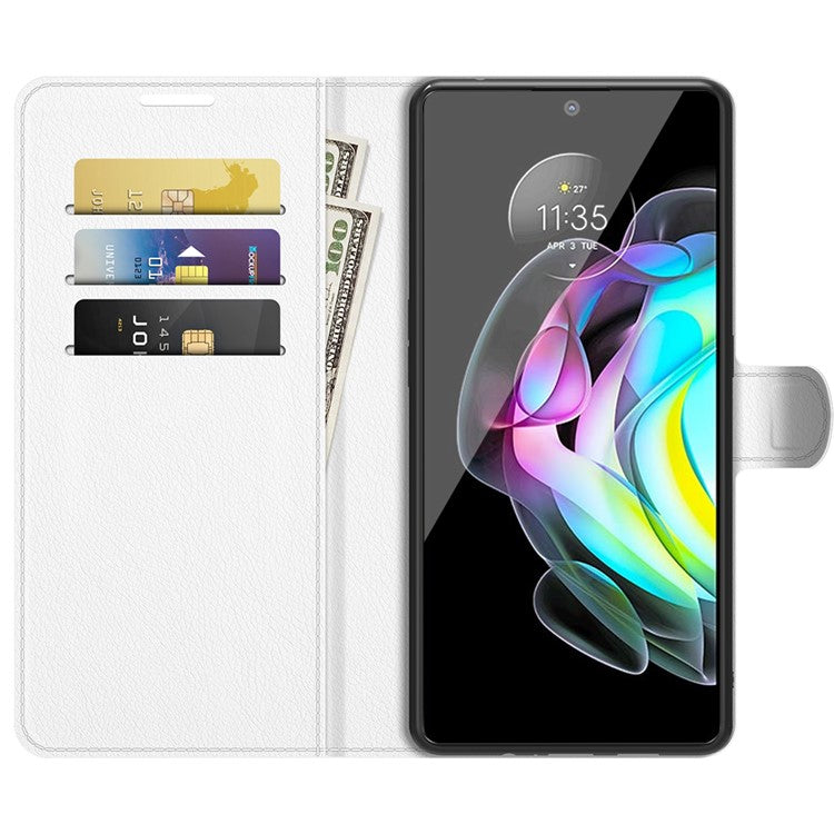 Wallet Design Folio Flip Litchi Texture Protective Soft PU Leather Phone Case with Stand for Motorola Edge 20 - White
