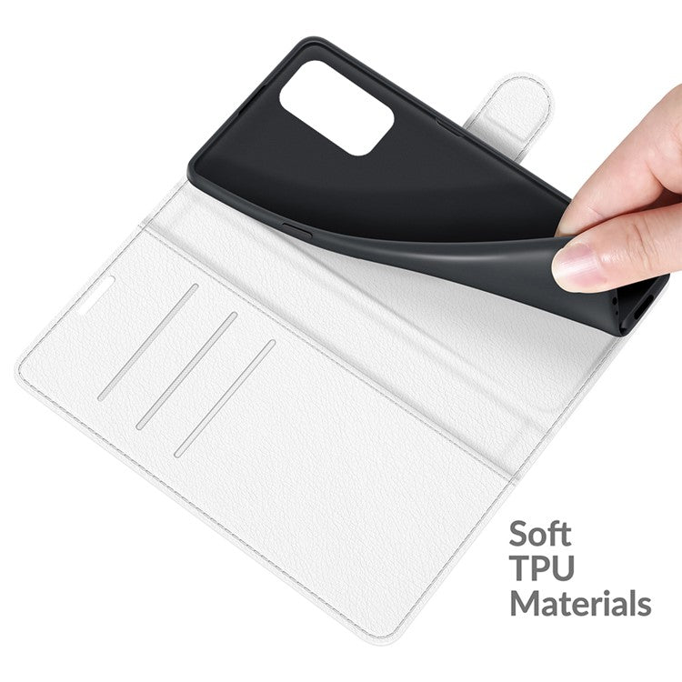Wallet Design Folio Flip Litchi Texture Protective Soft PU Leather Phone Case with Stand for Motorola Edge 20 - White
