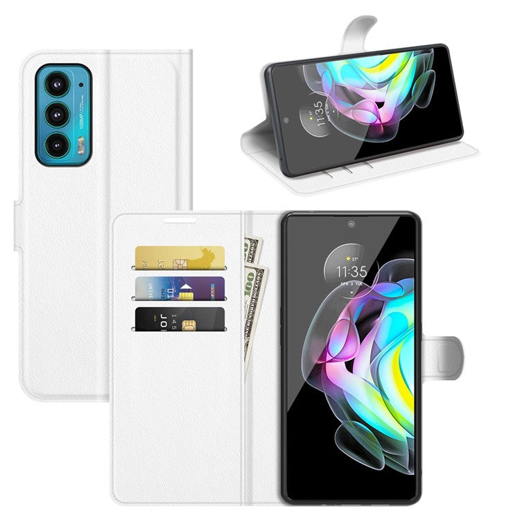 Wallet Design Folio Flip Litchi Texture Protective Soft PU Leather Phone Case with Stand for Motorola Edge 20 - White