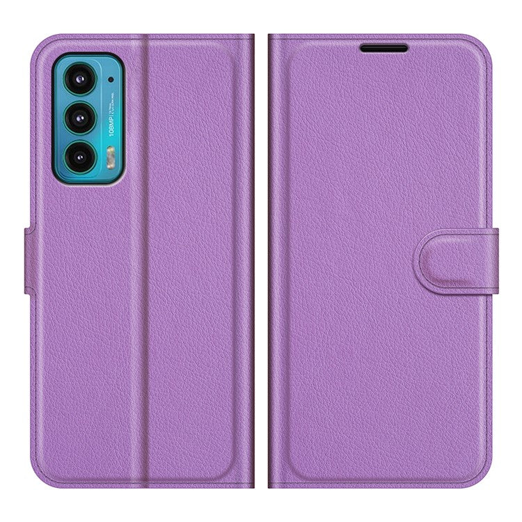 Wallet Design Folio Flip Litchi Texture Protective Soft PU Leather Phone Case with Stand for Motorola Edge 20 - Purple