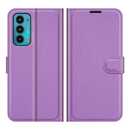Wallet Design Folio Flip Litchi Texture Protective Soft PU Leather Phone Case with Stand for Motorola Edge 20 - Purple