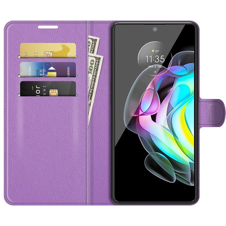 Wallet Design Folio Flip Litchi Texture Protective Soft PU Leather Phone Case with Stand for Motorola Edge 20 - Purple
