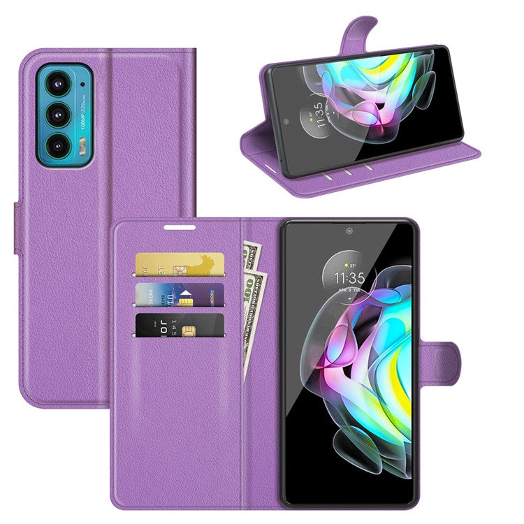 Wallet Design Folio Flip Litchi Texture Protective Soft PU Leather Phone Case with Stand for Motorola Edge 20 - Purple
