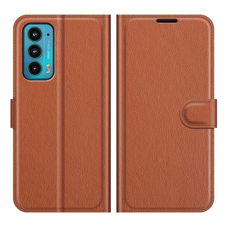Wallet Design Folio Flip Litchi Texture Protective Soft PU Leather Phone Case with Stand for Motorola Edge 20 - Brown