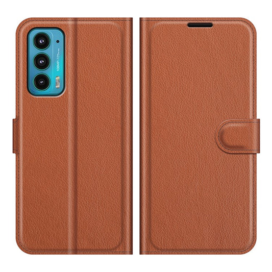 Wallet Design Folio Flip Litchi Texture Protective Soft PU Leather Phone Case with Stand for Motorola Edge 20 - Brown