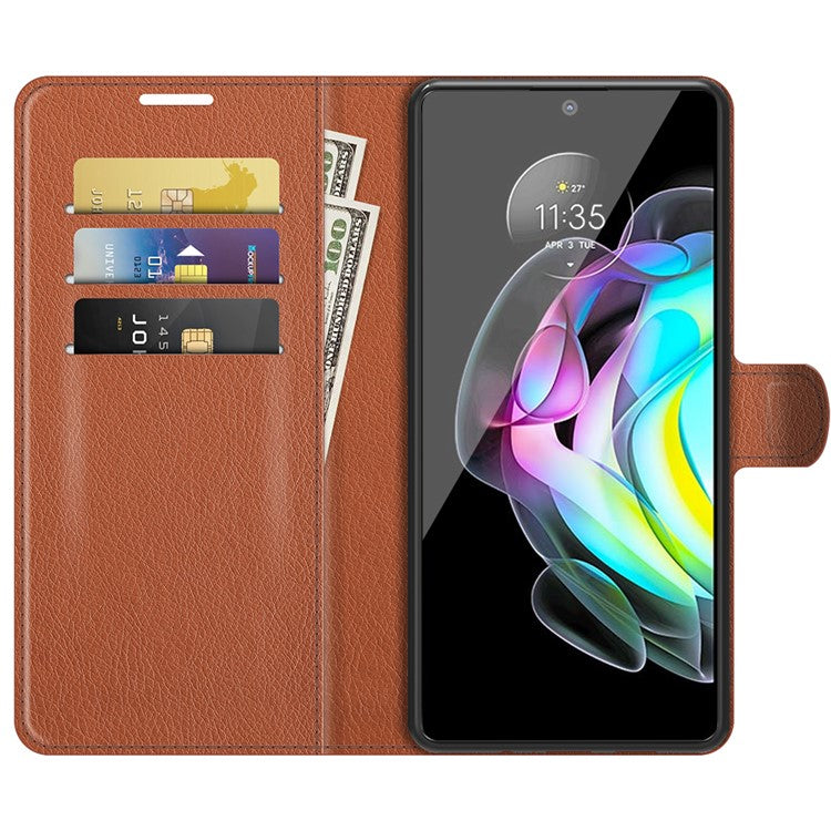 Wallet Design Folio Flip Litchi Texture Protective Soft PU Leather Phone Case with Stand for Motorola Edge 20 - Brown