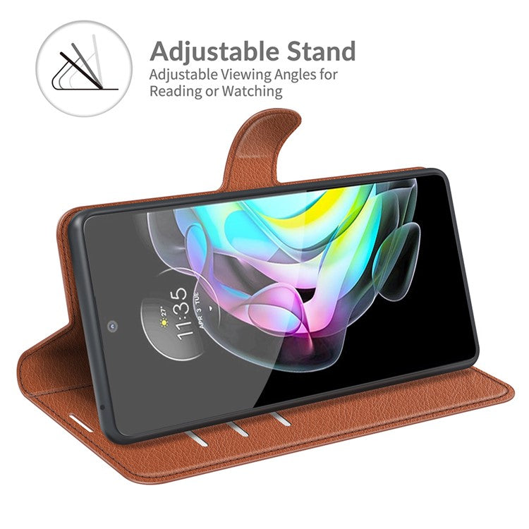 Wallet Design Folio Flip Litchi Texture Protective Soft PU Leather Phone Case with Stand for Motorola Edge 20 - Brown