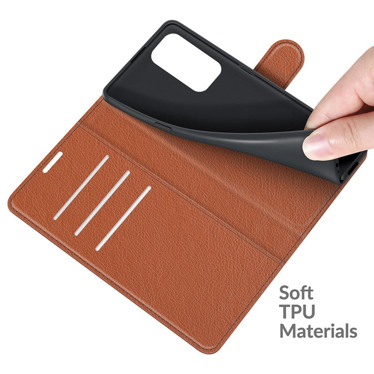 Wallet Design Folio Flip Litchi Texture Protective Soft PU Leather Phone Case with Stand for Motorola Edge 20 - Brown