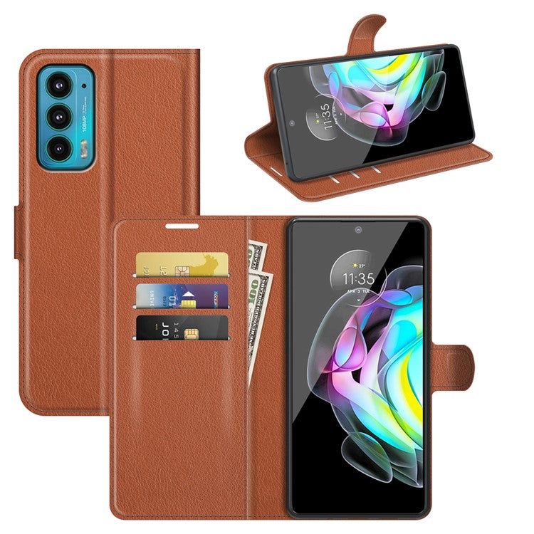 Wallet Design Folio Flip Litchi Texture Protective Soft PU Leather Phone Case with Stand for Motorola Edge 20 - Brown
