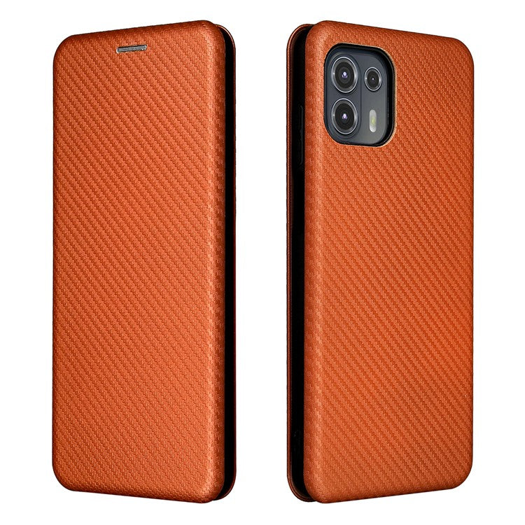 Auto-absorbed Carbon Fiber Texture Leather Stand Phone Shell Cover for Motorola Edge 20 Lite - Orange