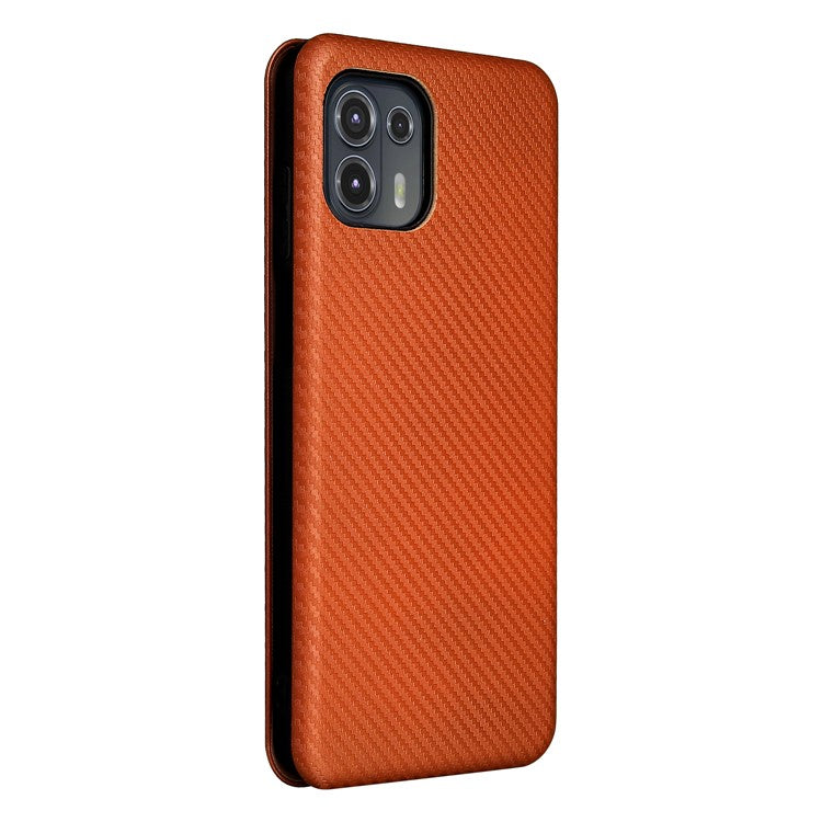 Auto-absorbed Carbon Fiber Texture Leather Stand Phone Shell Cover for Motorola Edge 20 Lite - Orange