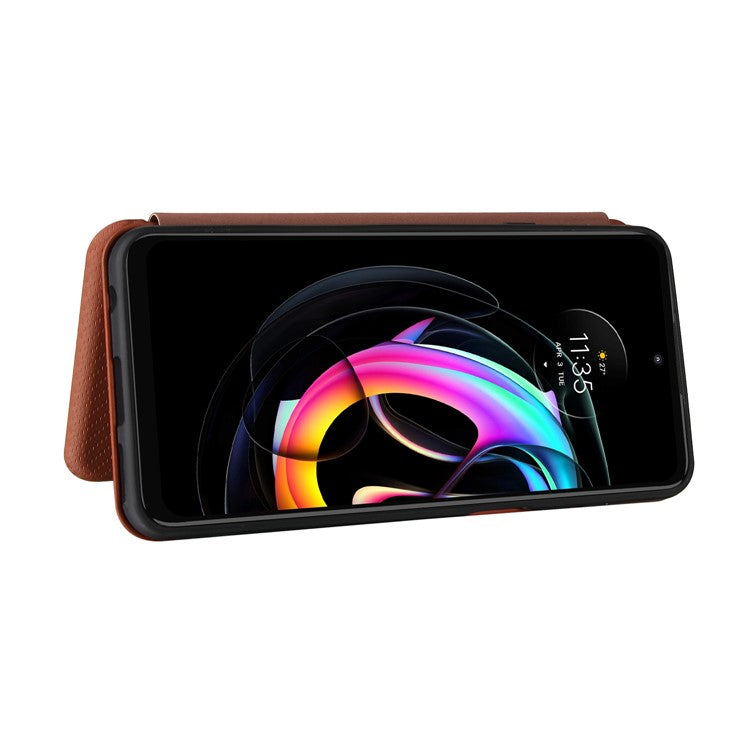 Auto-absorbed Carbon Fiber Texture Leather Stand Phone Shell Cover for Motorola Edge 20 Lite - Orange