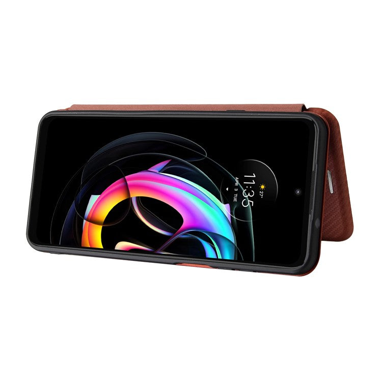 Auto-absorbed Carbon Fiber Texture Leather Stand Phone Shell Cover for Motorola Edge 20 Lite - Orange