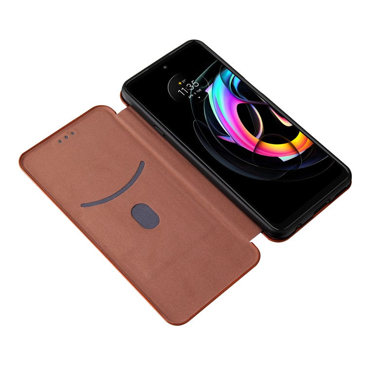 Auto-absorbed Carbon Fiber Texture Leather Stand Phone Shell Cover for Motorola Edge 20 Lite - Orange