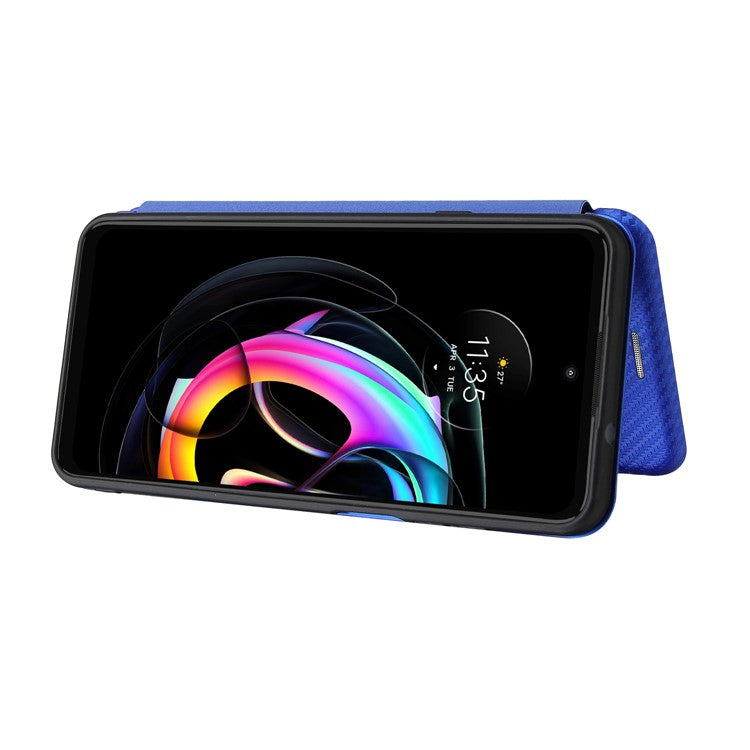 Auto-absorbed Carbon Fiber Texture Leather Stand Phone Shell Cover for Motorola Edge 20 Lite - Blue