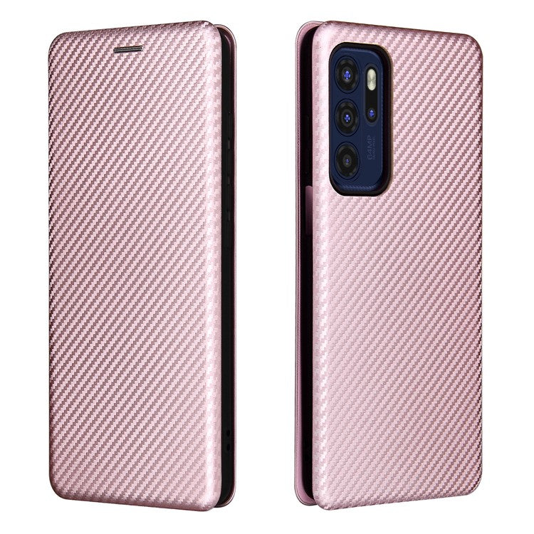 Carbon Fiber Texture Leather Automatic Absorption Case with Card Slot and Ring Strap for Motorola Moto G60S - Rose Gold