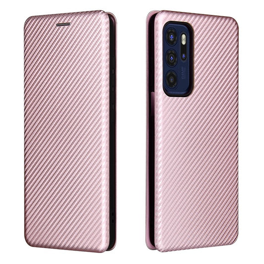 Carbon Fiber Texture Leather Automatic Absorption Case with Card Slot and Ring Strap for Motorola Moto G60S - Rose Gold