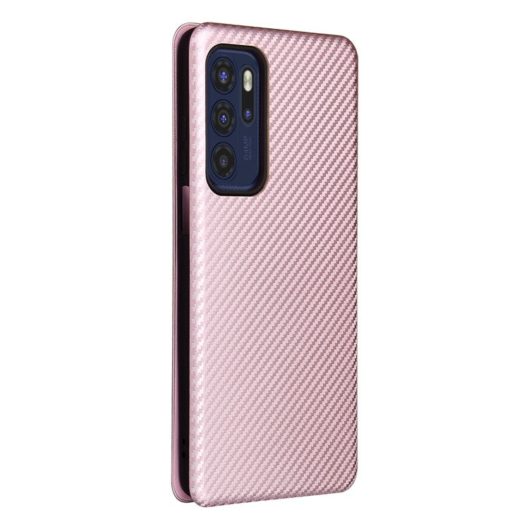 Carbon Fiber Texture Leather Automatic Absorption Case with Card Slot and Ring Strap for Motorola Moto G60S - Rose Gold