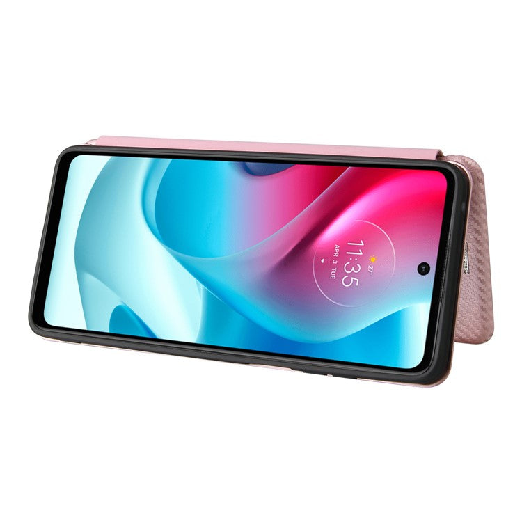 Carbon Fiber Texture Leather Automatic Absorption Case with Card Slot and Ring Strap for Motorola Moto G60S - Rose Gold