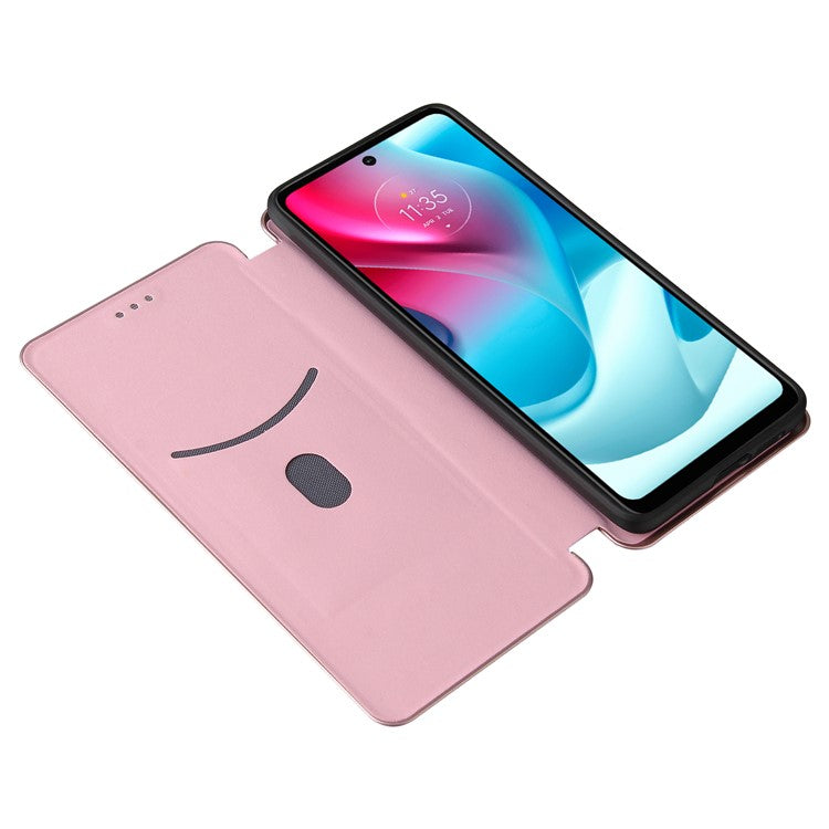 Carbon Fiber Texture Leather Automatic Absorption Case with Card Slot and Ring Strap for Motorola Moto G60S - Rose Gold