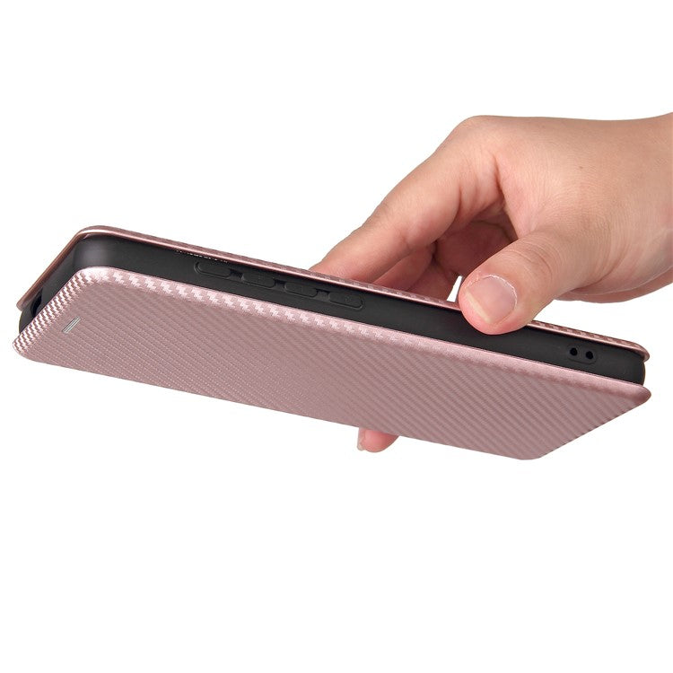 Carbon Fiber Texture Leather Automatic Absorption Case with Card Slot and Ring Strap for Motorola Moto G60S - Rose Gold