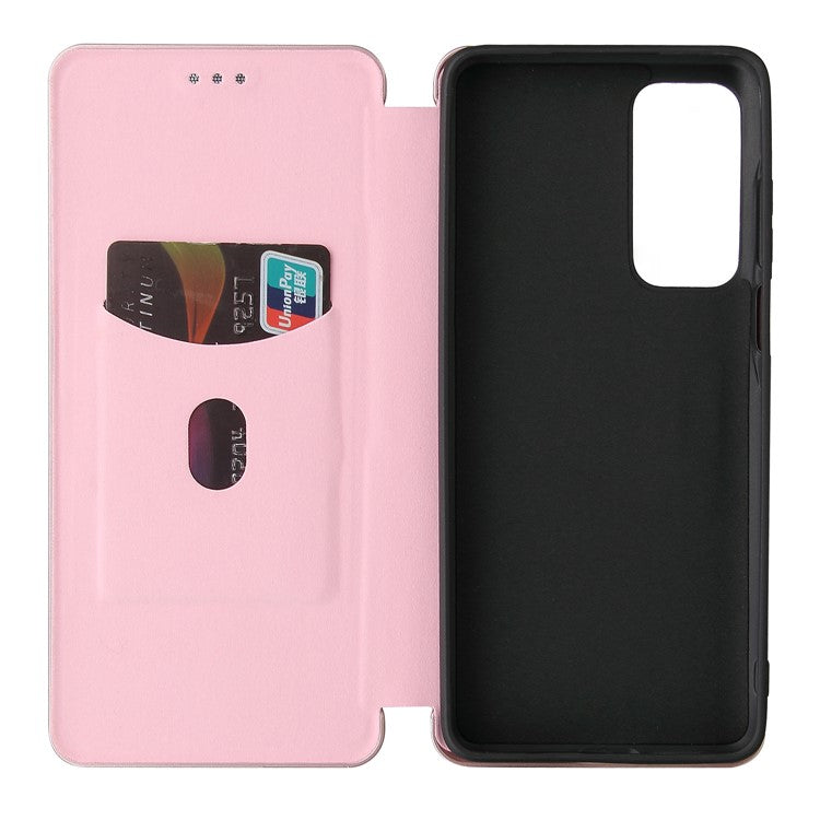 Carbon Fiber Texture Leather Automatic Absorption Case with Card Slot and Ring Strap for Motorola Moto G60S - Rose Gold