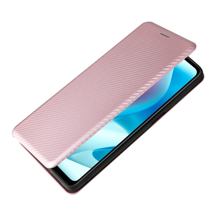 Carbon Fiber Texture Leather Automatic Absorption Case with Card Slot and Ring Strap for Motorola Moto G60S - Rose Gold